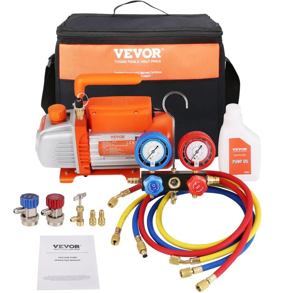 

VEVOR 1/4 HP 4.5 CFM AC Vacuum Pump and Gauge Set, Single Stage Air Vacuum Pump A/C Refrigerant Kit Manifold Gauge Set