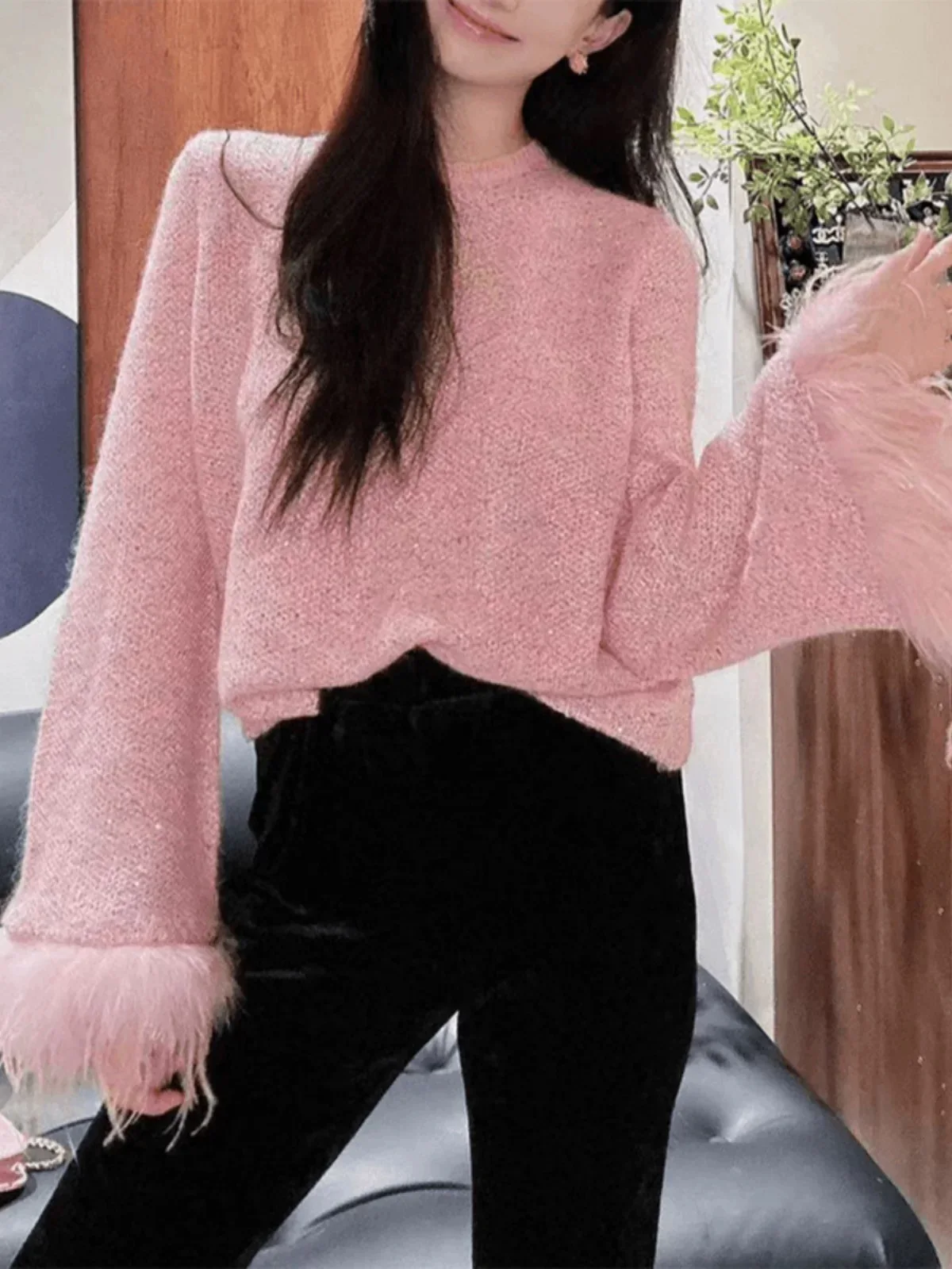 Осень-зима новый вязаный пуловер женский сексуальный свободный свитер модный