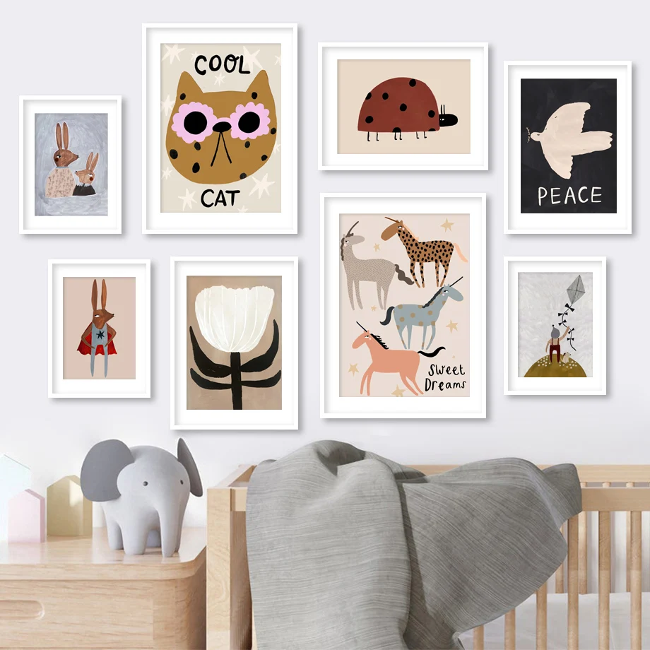 Крутой Кот кролик Единорог мир голубь цветок настенная Картина на холсте скандинавские постеры и принты настенные картины декор для детской комнаты