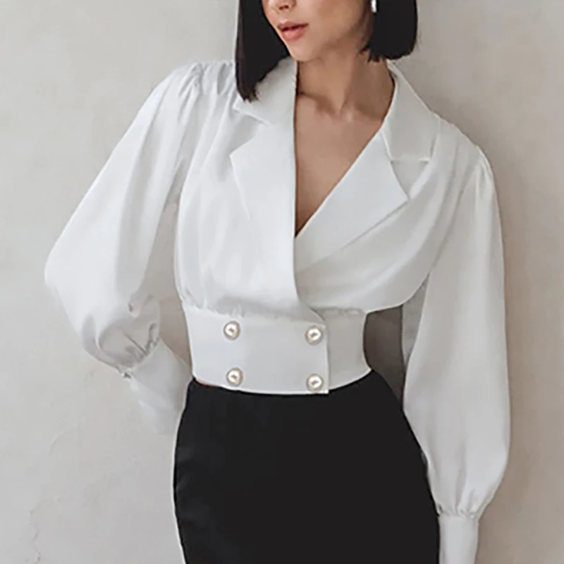 

French Style Double Breasted White Women Shirt 2023 Notched Collar Waist Long Sleeve Blouse Office Women Casual Short Tops 28698