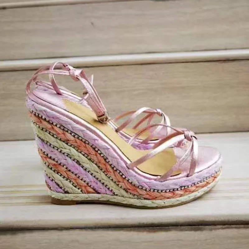 Women Diamond Studded High Wedge Espadarille Pink Bling Design Open Platform Slingback Sandals Gold Rhinestone Metal Chain Shoes