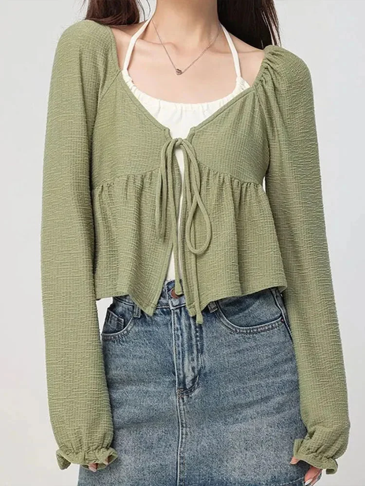 

Женский короткий топ с оборками и длинным рукавом, повседневный однотонный кардиган в Корейском стиле, комплект из двух предметов