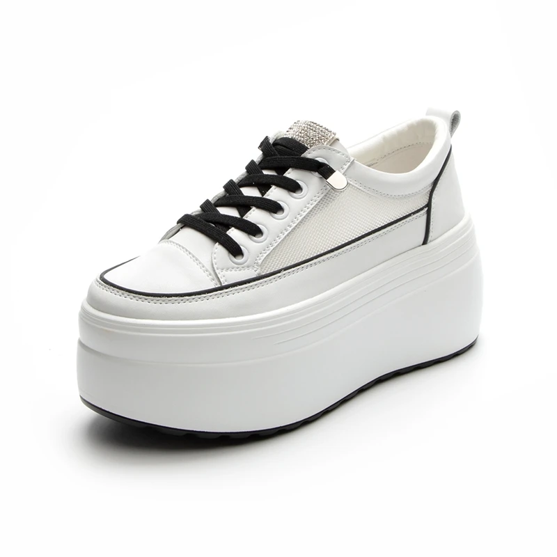 

Vichelo Hot Cow Leather Mesh Round Toe Thick Bottom Platform Lace Up White Sneakers Increasing Breathable Women Vulcanized Shoes