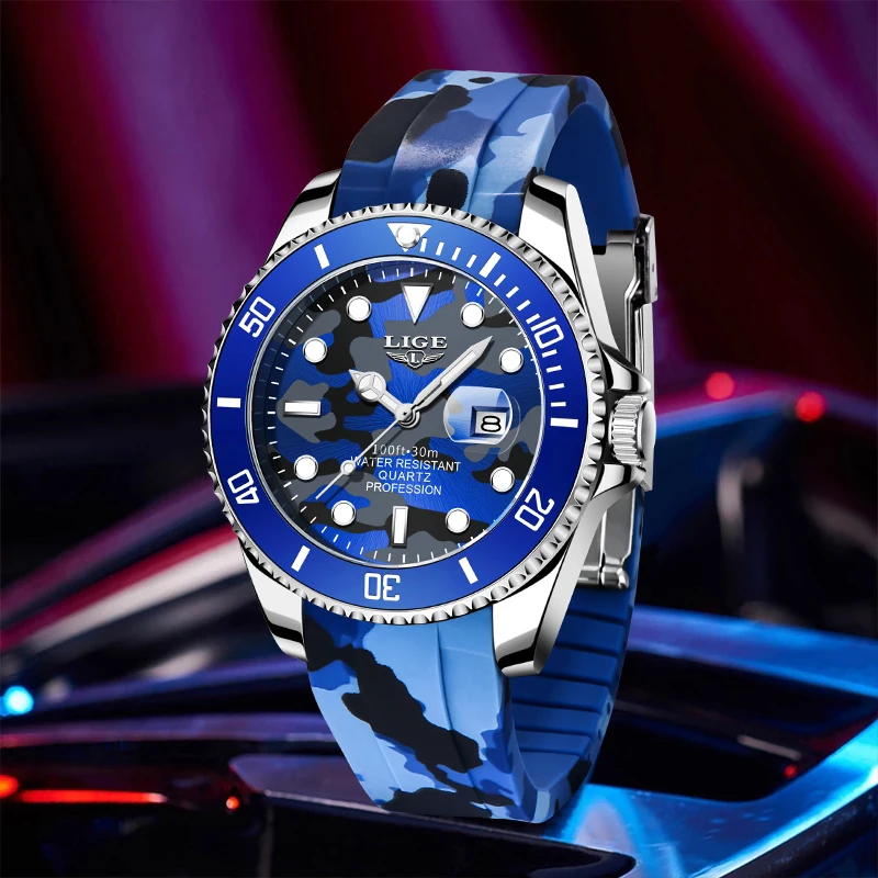 

Часы наручные LIGE Мужские кварцевые, модные брендовые Роскошные водонепроницаемые спортивные с красным силиконовым ремешком