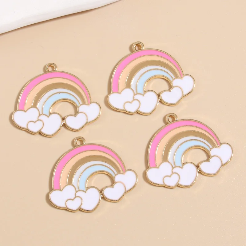 5pcs Gold Color 30x26mm Cartoon Enamel Heart Rainbow Charms Cloud Pendant Fit Necklaces Handmade Jewelry Making Finding Supplies