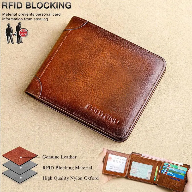 Men's RFID Blocking Genuine Leather Wallet Bifold Vintage Slim Short Multi Function Large Capacity Cow Skin Purse Money Clip