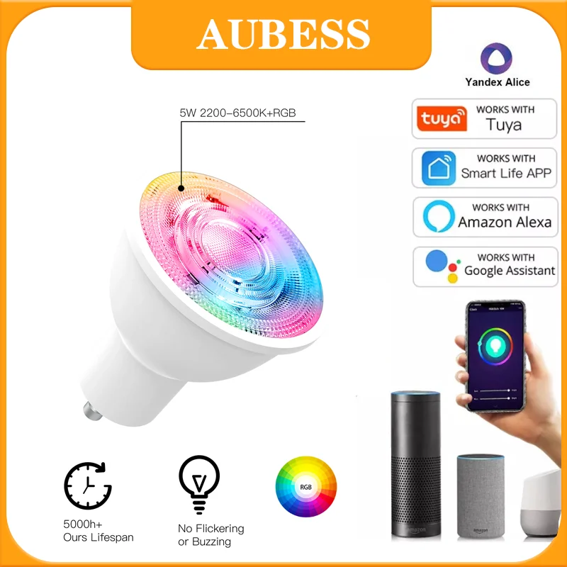 

Светодиодная лампа Tuya Zigbee GU10 с регулировкой яркости, RGB светильник для точечного светильника, светодиодный ные лампы 5 Вт 90-240 В с голосовым у...
