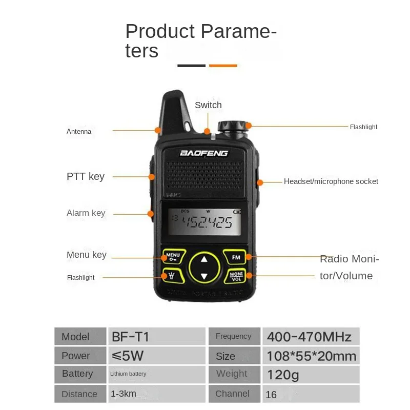 Baofeng Mini Walkie Talkie Bf-t1 with Screen Keyboard Bf-9100a Color Hanging Rope 2W UHF Band
