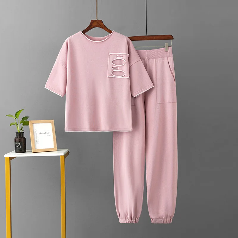 

Трикотажный модный костюм из вискозы, летние модели 2023, новинка, женские брюки большого размера с круглым вырезом и короткими рукавами и эластичной талией