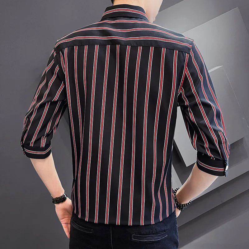 Fashion Men's Shirt Stripe Three Quarter Slim Shirt Men's Clothing Ropa De Hombre Casual Tops T Shirt for Men