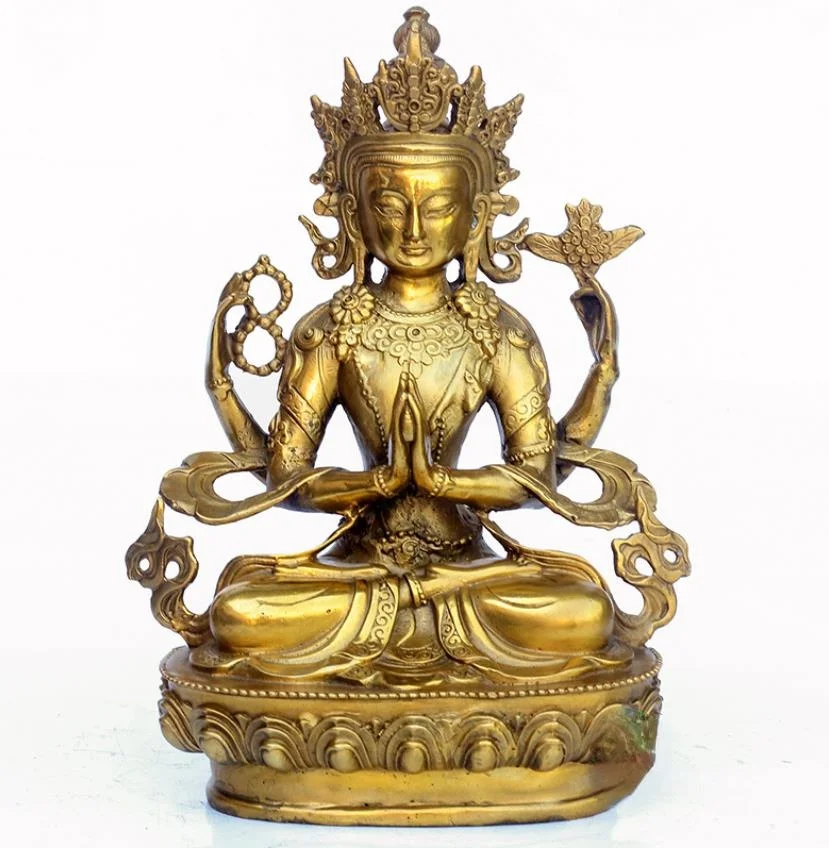 

Fashion Chinese Exquisite Old Rare Four-armed Avalokitesvara Tibet Bronze Kwan-yin Buddha lucky Statue Decoration Home Gift