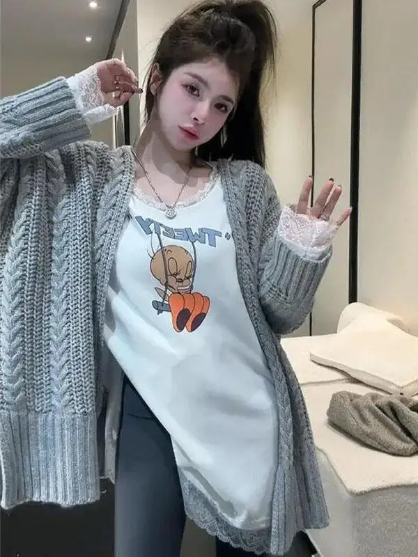 Korean Sle Brushed Lazy Loose Patchwork Lace T-shirt Women Autumn and Winter New Cartoon Print Long sleeve Bottoming Shirt Top