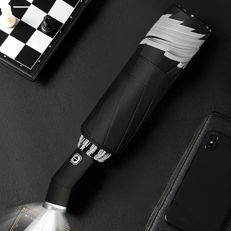 

NEW Windproof Automatic Umbrella With LED Flashlight Reflective Stripe Reverse Light Umbrellas Rain Men Women Large Folding Para
