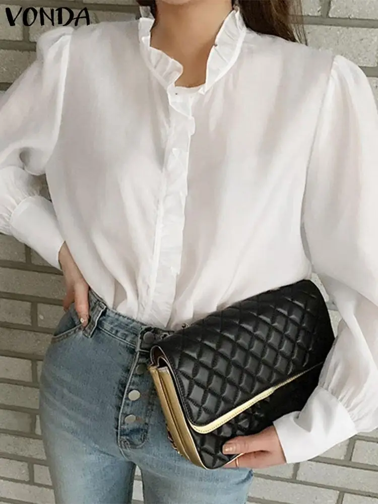 

VONDA 2022 Chemise Tops Women Fashion Long Sleeve Pleated Blusas Korean Style Button Shirt Ruffled Blouses Puff Sleeve Shirts