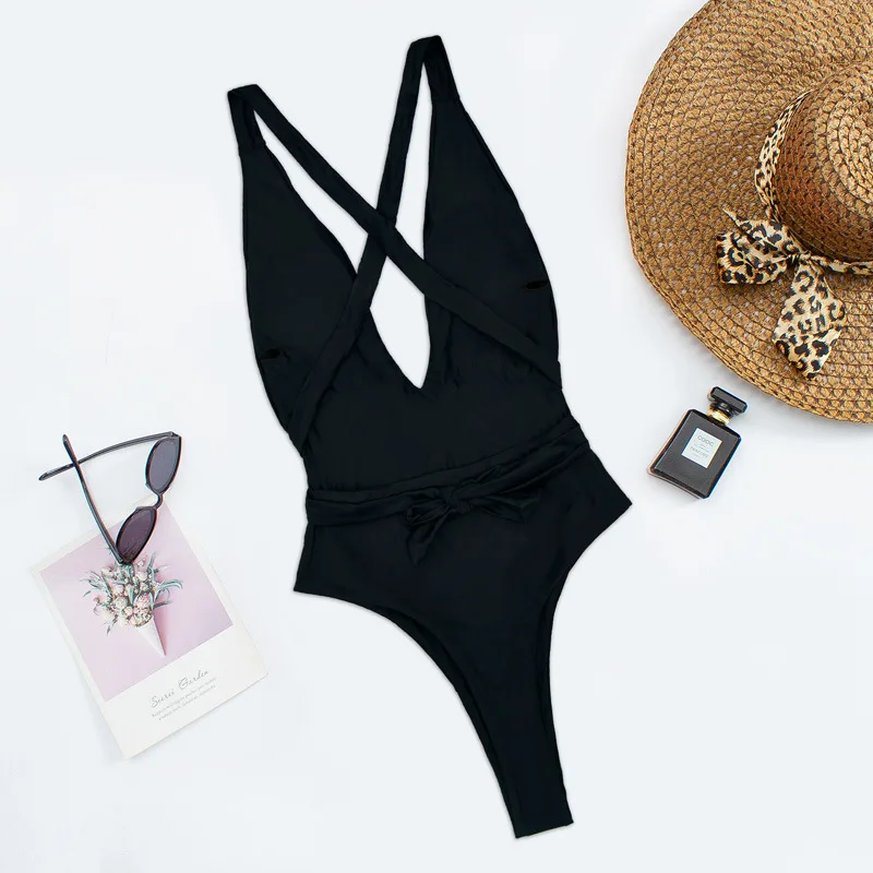 Sexy Deep V Halter One Piece Bikini Set Swimsuit Women 2023 Bathing Suit Beachwear Bikini