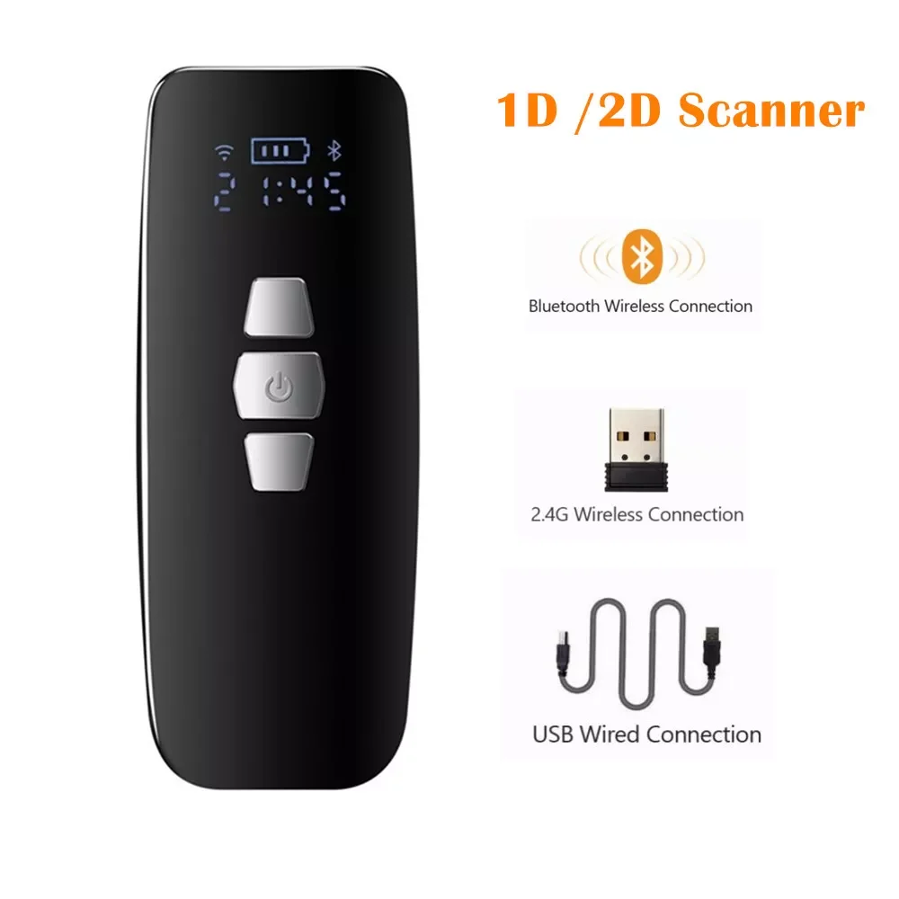 

NEW2023 New Mini Barcode Scanner USB Wired/Bluetooth/ 2.4G Wireless 1D 2D QR PDF417 Bar code for iPad iPhone Tablets PC