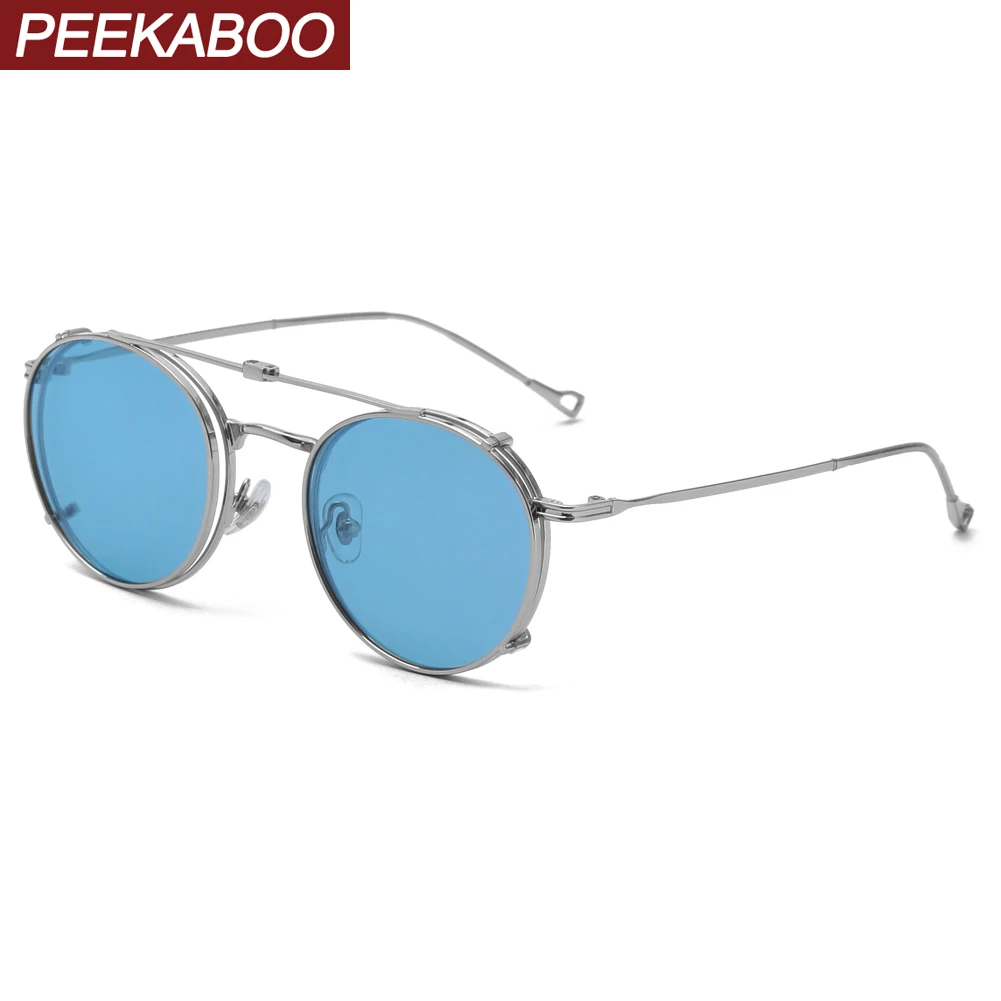 Peekaboo blue green round polarized sunglasses men clip on folding uv400 optical glasses for women metal frame male 2022 driving