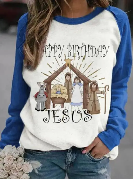 

Women's Shirts 2023 Summer New Long Sleeve Pattern Printed Patchwork Round Neck T-Shirt Fashion Casual Loose Ladies Pullover Top