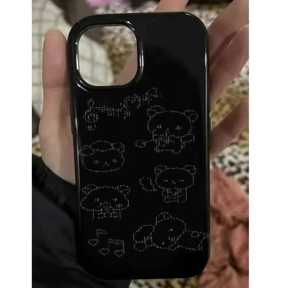 Clmj Роскошный черный чехол для телефона Kawaii Line Bear Cool iPhone 16 15 14 13 12 11 Pro Max XS XR XSMax Plus