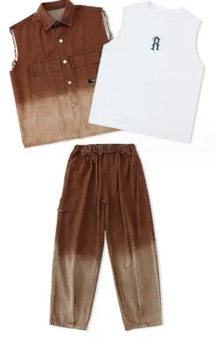 Комплекты, детская крутая футболка, Детские джазовые костюмы для уличного танца, коричневая футболка в стиле хип-хоп для мальчиков и девочек, свободные шорты-карго с принтом, одежда