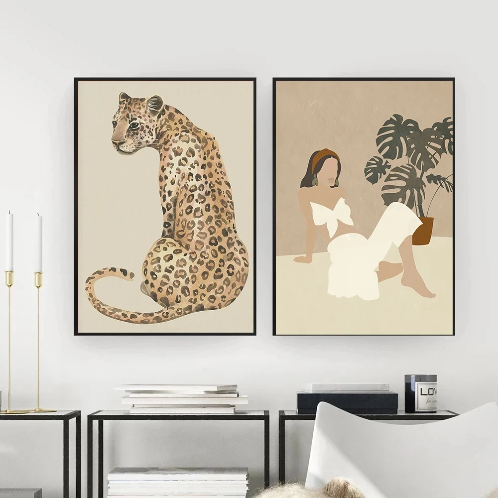

Boho Woman Cheetah Posters and Prints Canvas Painting Leopard Animal Wall Art Picture for Living Room Nordic Style Home Decor