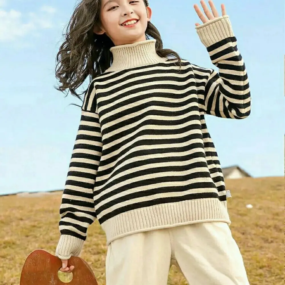 

Демисезонная детская одежда, вязаный свитер в полоску для девочек, новинка 2022, свитер для девочек Teeange, повседневный Детский свитер с высоки...