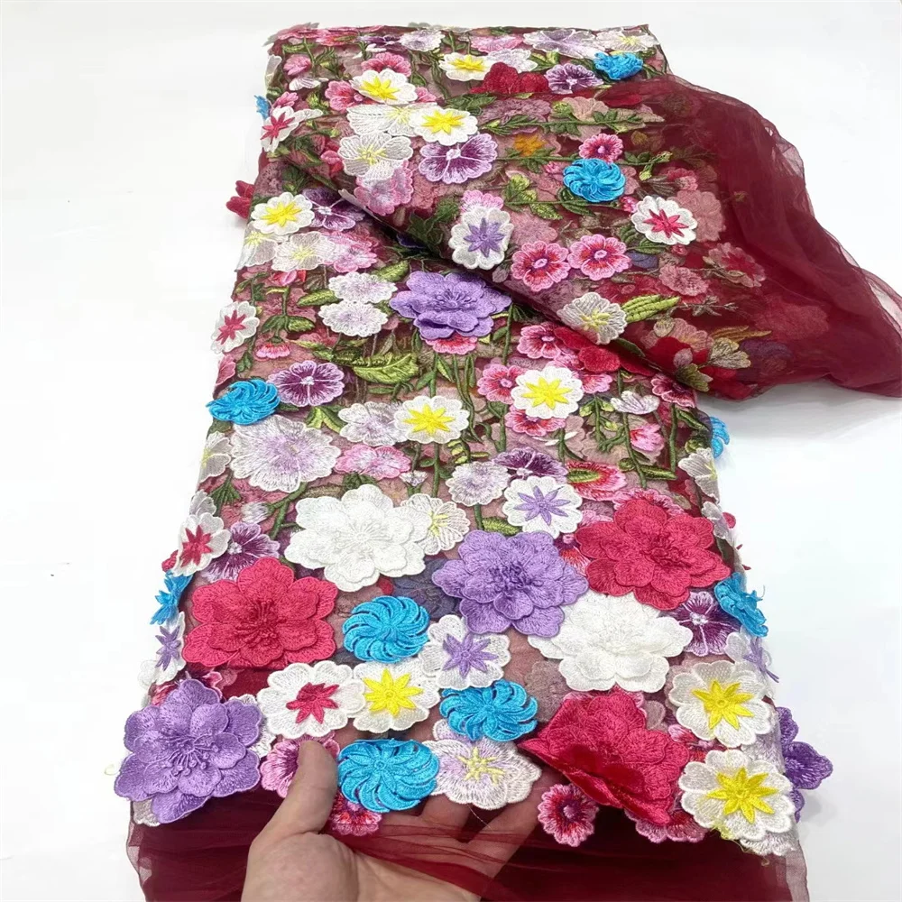 Горячая Распродажа африканская аппликация 3D Цветы Тюль Кружева Ткань 2024 высокое