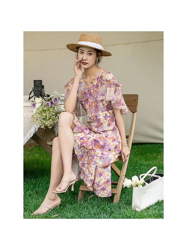 French Niche Design High Elastic Waist Short Ruffles Sleeves 100% Mulberry Silk Chiffon Printed Floral Dress Shell Women