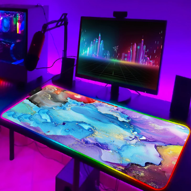 

With Wire Gaming Mouse Pad Computer Gamer Marble Pads Rgb Backlight Laptop Pc Desk Accessories Mat Mats Xxl Mause Keyboard Anime
