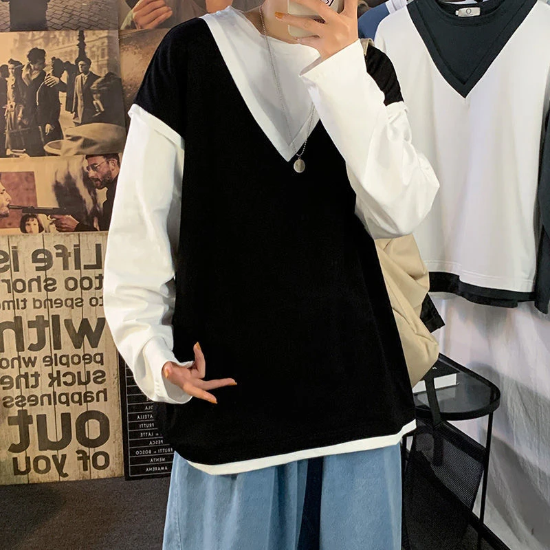 

Fake Two Piece 100% Cotton Spring Autumn Harajuku Long Sleeve Men T Shirt Casual Korean Fashion Oversized Woman Top 2022 Trend