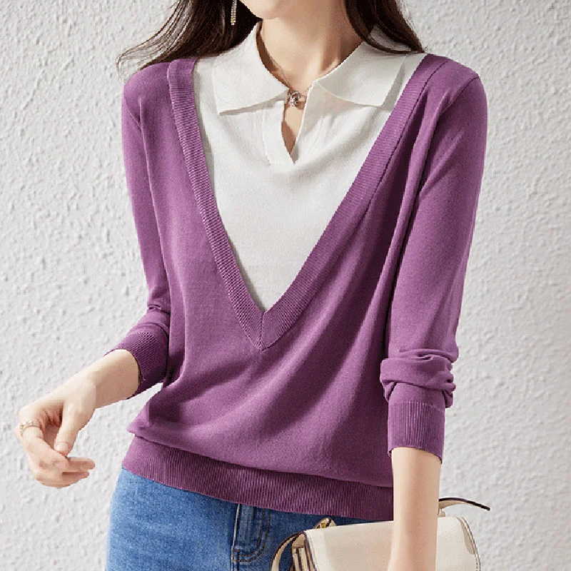 

Turn-down Collar Sweater Women Pullover Long Sleeve Korean Style Patchwork Knit Sweaters Jumpers 2022 Winter Top Womens Clothes