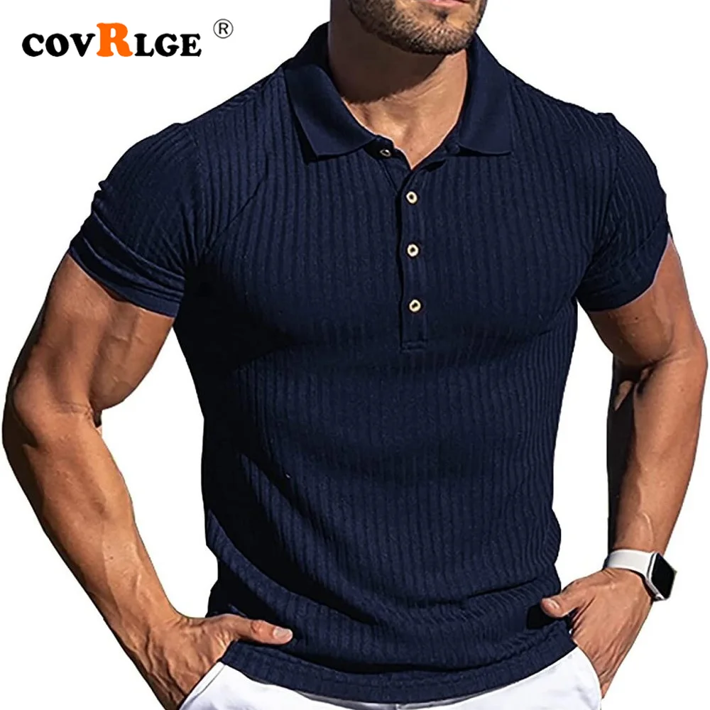 

Covrlge Men Summer Short Sleeve T Shirt Button Pullover Solid Lapel High-stretch Vertical Stripe Short-sleeved Polo Shirt MTP177