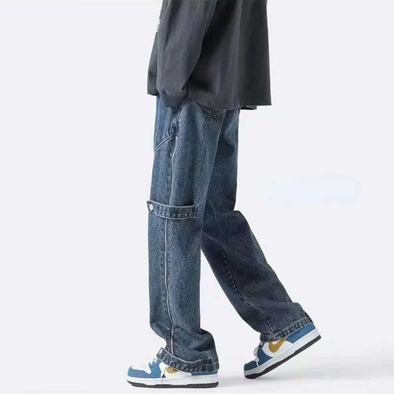 DEEPTOWN Zipper Straight Jeans Men Vintage Loose Denim Pants Streetwear Casual Trouers Male Hip Hop Fashion Spring Black Blue