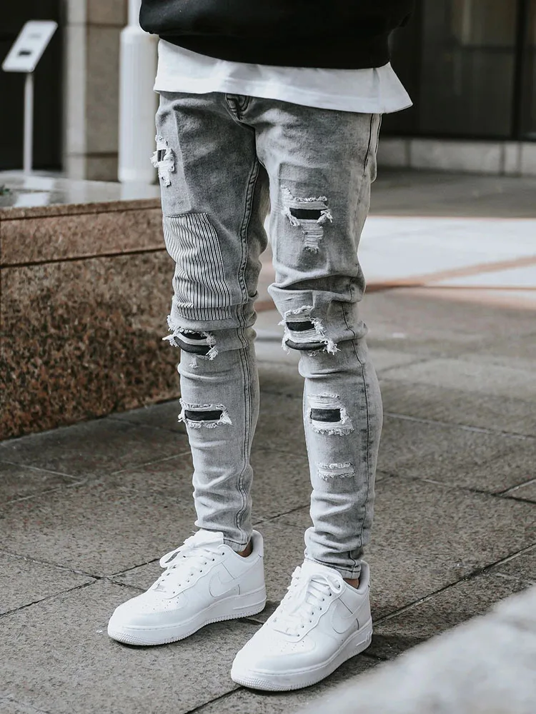 New Designer Jeans Men's Skinny Ripped Jeans Fashion Beggar Patches Slim Stretch Denim Pants Hip Hop Jogging Trousers Streetwear