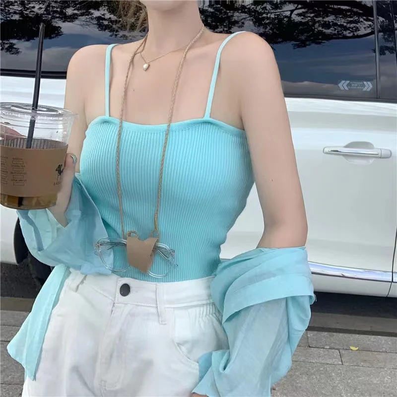 

Back Puff Sleeve Shirts Women Summer Suspenders Cardigans 2022 New Green Pink Square Neck Cropped Tops Female Halter Tops 2PCS
