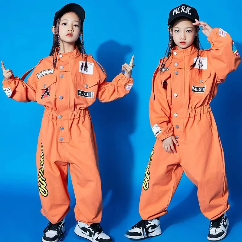 

Dance Costume Ballroom Dancing Clothes Kids Cool Short Sleeve Hip Hop Clothing orange Jumpsuit Overalls for Girls Boys Jazz