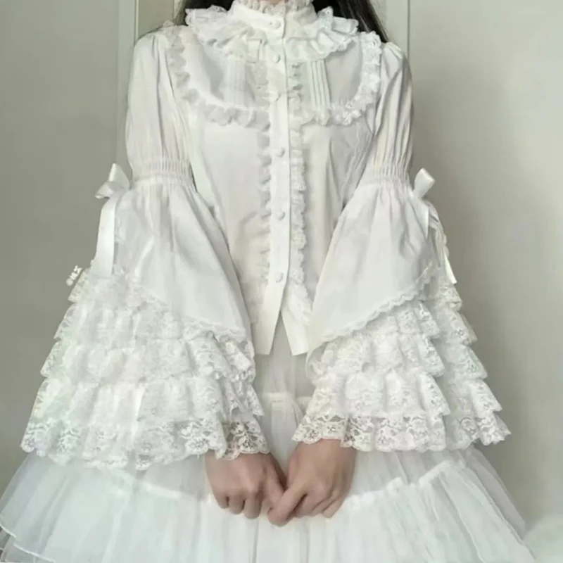 Y2K милые рубашки в стиле Лолиты с расклешенными рукавами и бантом женские