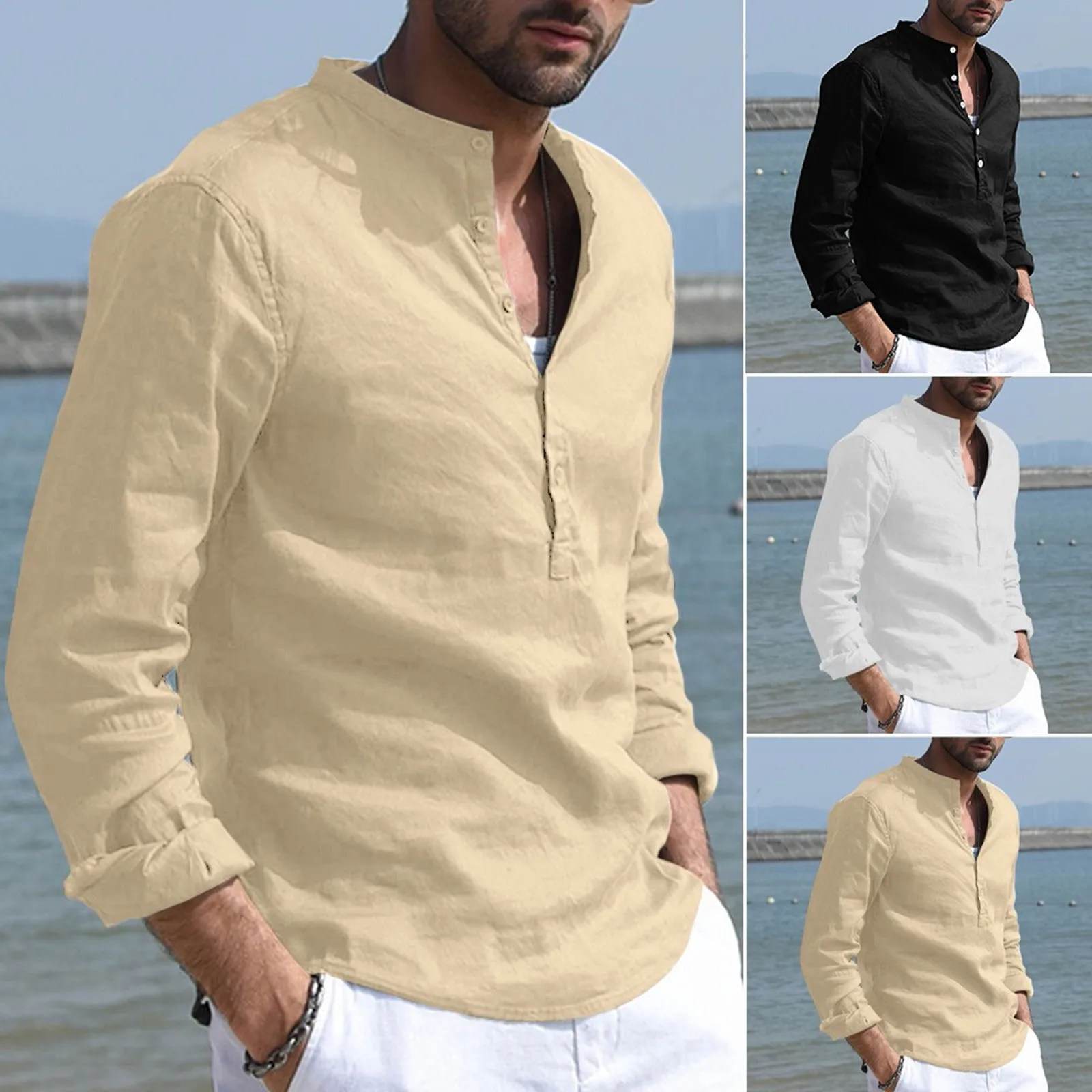 

Men's solid color cotton and linen stand-up collar long-sleeved shirt, breathable top, button top for leisure travel