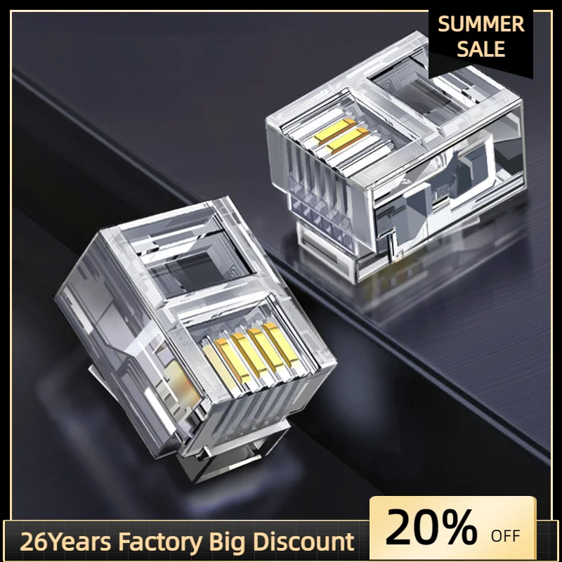 50 шт., разъем телефонного кабеля RJ11 6P2C 4P4C, вилка UTP, позолоченный модульный разъем, коннектор факса для мобильного телефона