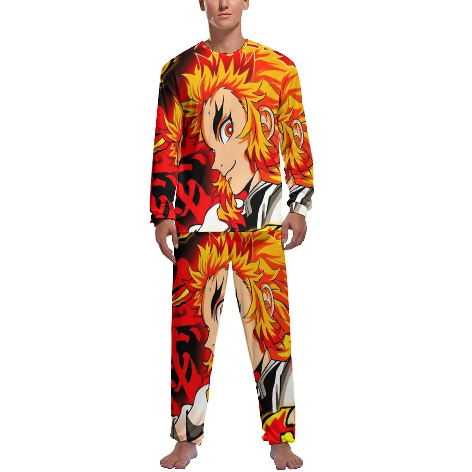 

Demon Slayer Pajamas Men Rengoku Kyojuro Anime Fashion Nightwear Spring Long Sleeves 2 Pieces Room Design Pajama Sets
