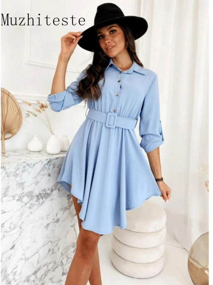 

New Spring and Autumn Wear Pull Sleeve Waist Shirt Long Sleeve Solid Color Belt Dress Mini Dress Blue Dress Dress for Women