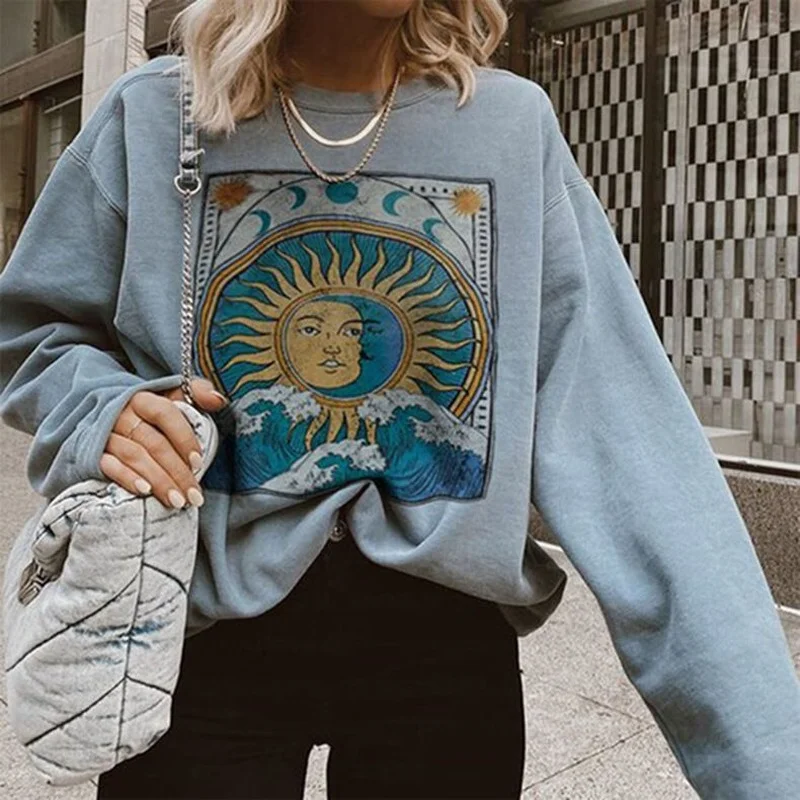 

Gray Fashion Sun Moon Print Oversized Women Sweatshirt 2022 Autumn Casual Loose Long Sleeve Harajuku Tops Streetwear Women