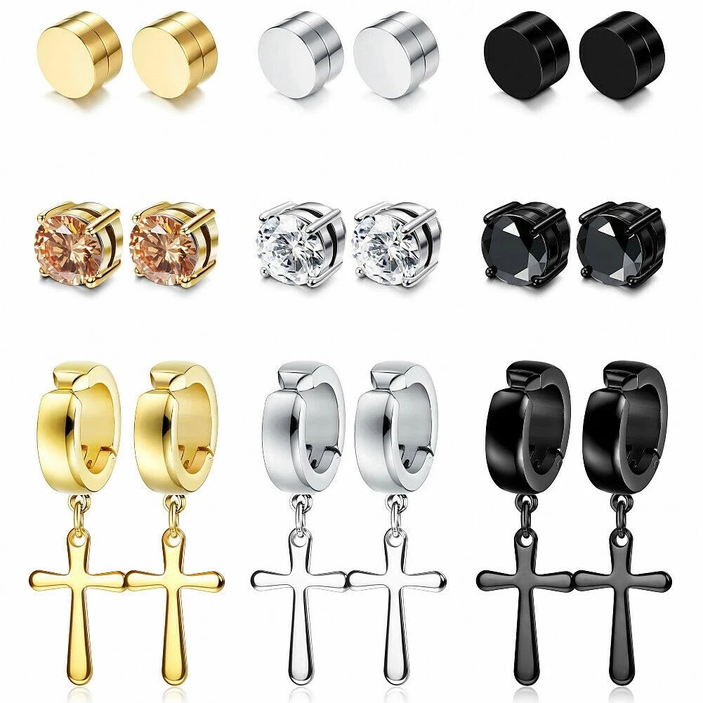 WKOUD 9 Pairs Stainless Steel Cross Hoop Stud Earrings For Men Women Non Piercing Fake Magnet No Pierced Ear Clip Jewelry