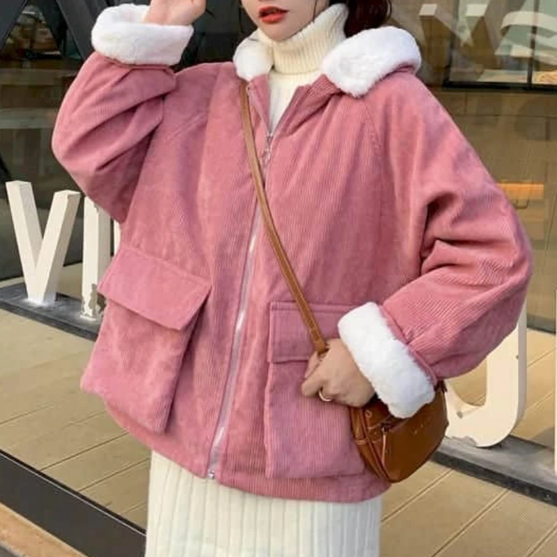 Thicken Jackets Female Student Autumn Winter Korean Overcoat 2021 New Cotton Plus Velvet Loose Hooded Corduroy Long-sleeve Coats