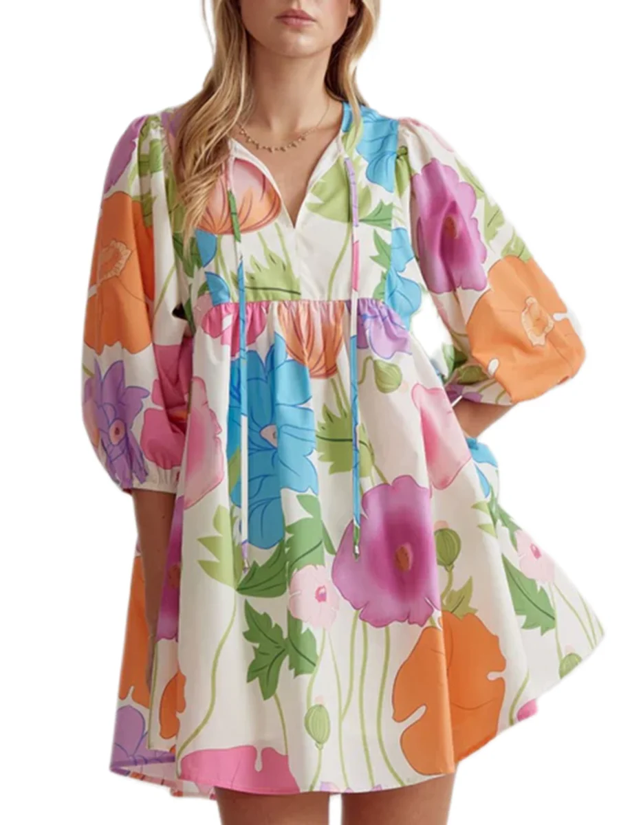 Мини-платье Babydoll женское с пышными рукавами цветочный сарафан в стиле бохо