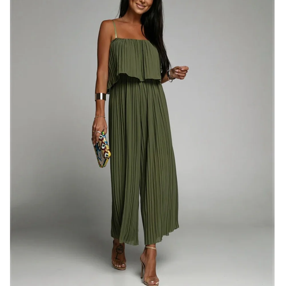 

Chiffon Green Ruffle Jumpsuit For Women Sexy Sleeveless Camis High Waist Cute Rompers Loose Long Womens Wide-Leg Ladies