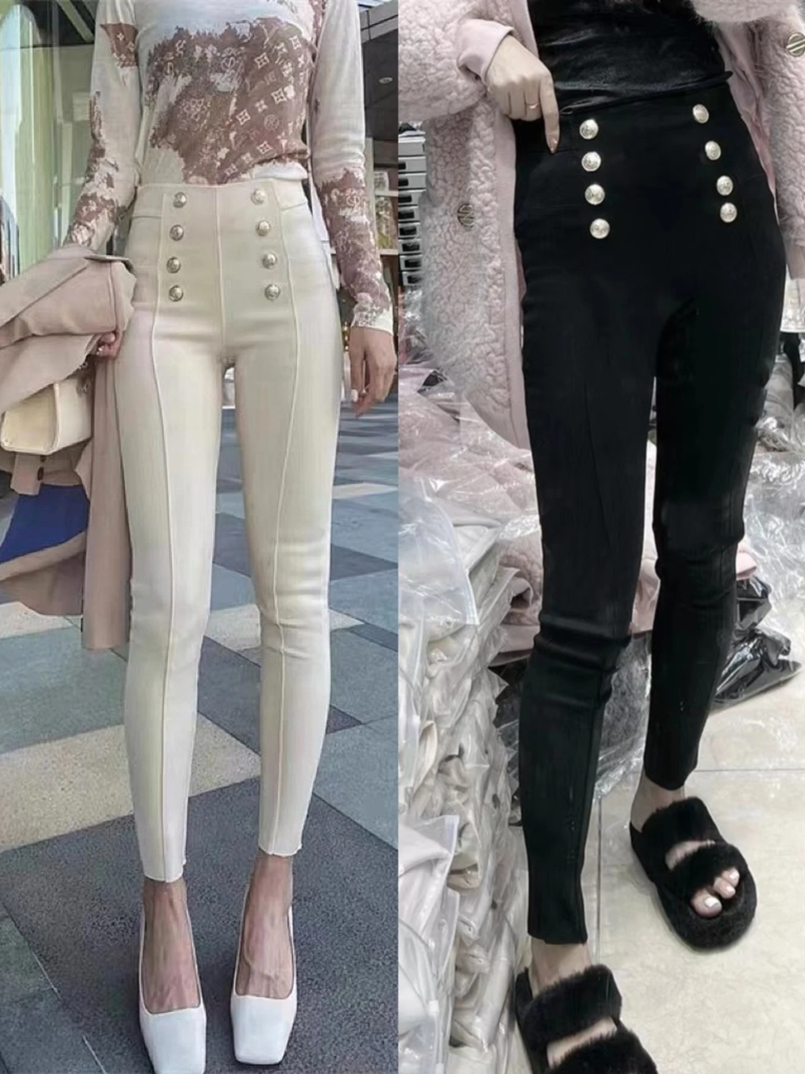 

European New Fashion Casual Simple Fleeced Trousers Women's 2022 Winter Elegant High Waist Double Breasted Elastic Skinny Pants