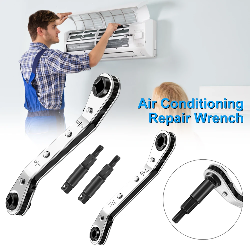 

1/4" 3/8" 3/16" 5/16" Double Head Ratchet Wrench Set Service Wrench for Air Conditioning Refrigeration Repair Tool & 2 Adapters