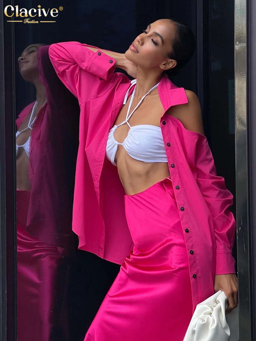 

Clacive Fashion Pink Cotton Shirts For Women Autumn Lapel Long Sleeve Blouses Streetwear Off Shoulder Tops Female Clothing 2022