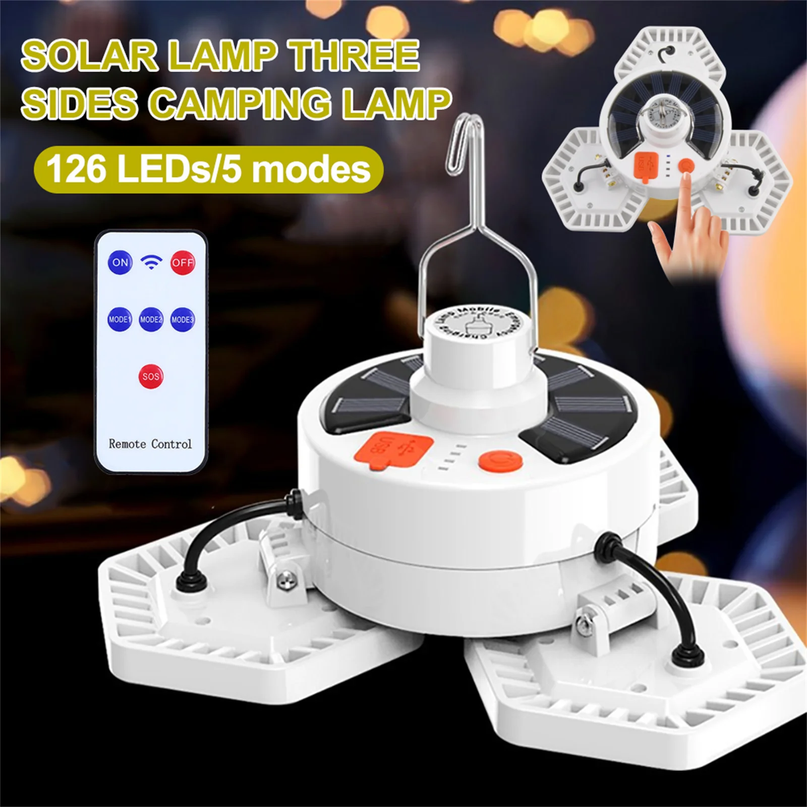 

126 LED Solar Power Lamp 5 Modes IP44 Waterproof Hanging Remote Control Solar Powered Light for Outdoor Camping Hiking Fishing